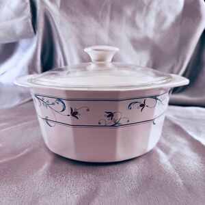 Vtg MIKASA FIRE ICE ANNETTE AA041 Casserole Glass Lid Blue Maroon Flowers 2.5 Qt